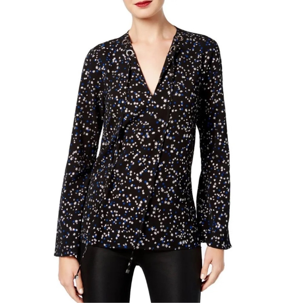 MICHAEL KORS Black Metallic Star-print Grommet Blouse Shirt Top | Size Small